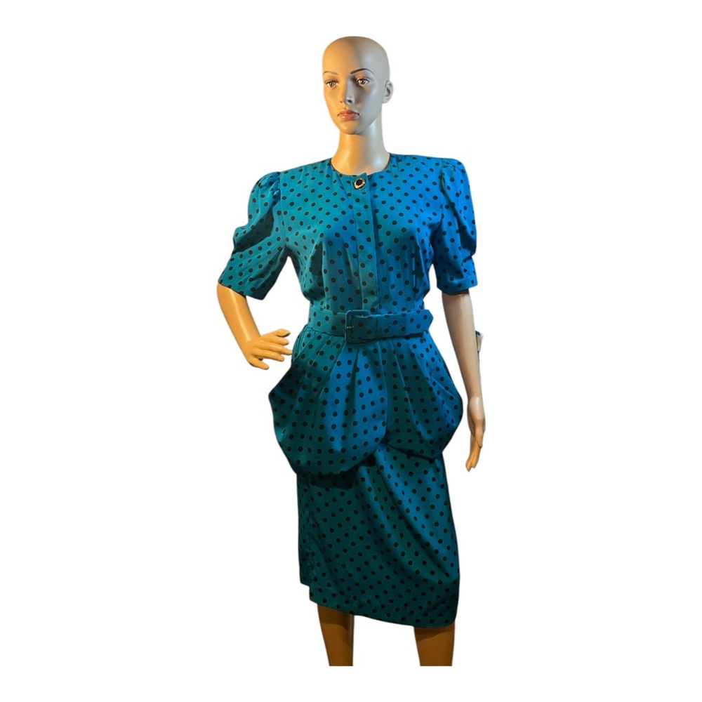 Leslie Fay Women’s Vintage Turquoise Black Polkadot Blouse Skirt Set Size 8